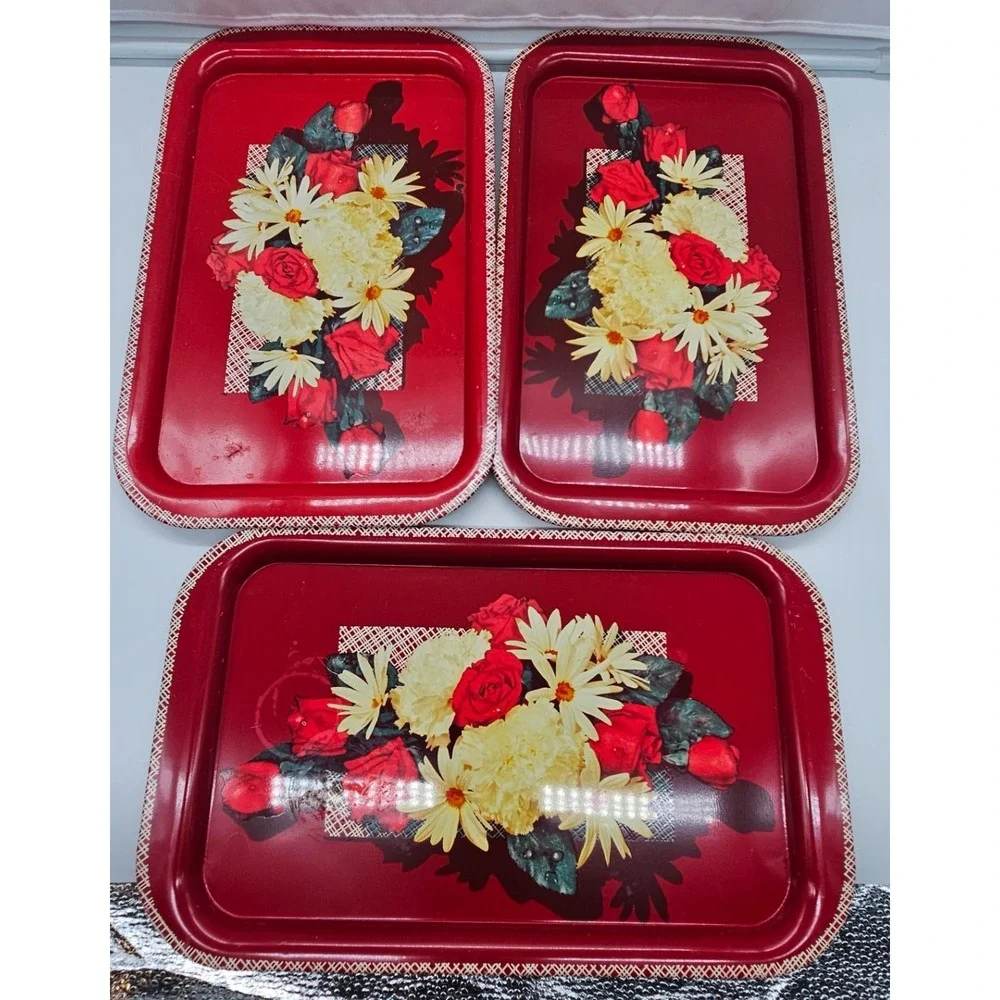 Vintage Red Floral Metal Serving Trays Set of 3 Roses Daisies Retro Kitchen 11.5
